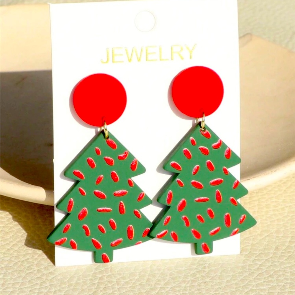 Christmas Green Christmas Tree & Red Speckle earrings.